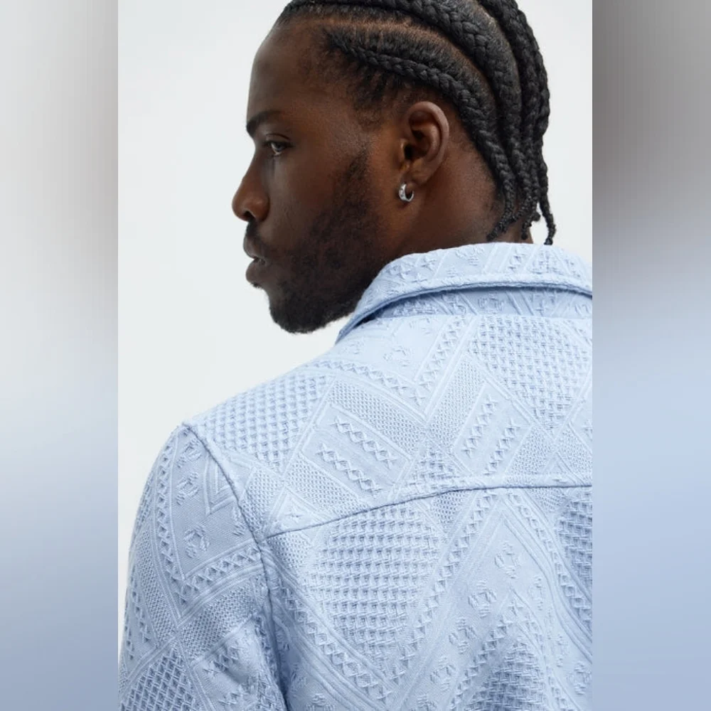 Relaxed Twist Weave Textured Trucker Jacket - Light Blue